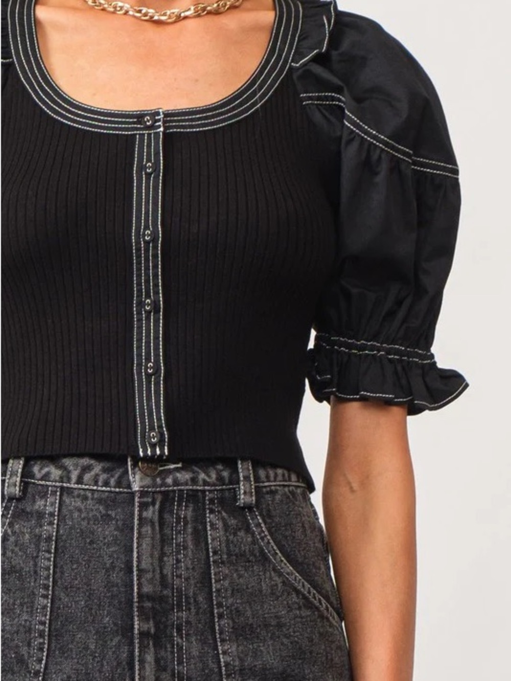 Black Ribbed Puff-Sleeve Button-Up Top